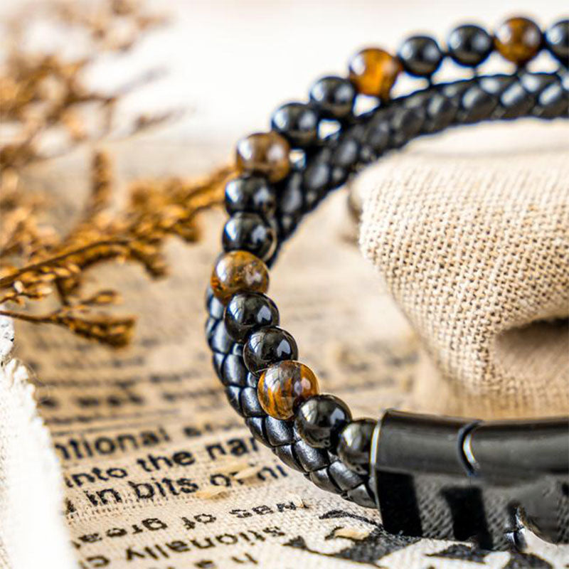 Bracciale in pelle intrecciata con occhio di tigre da uomo