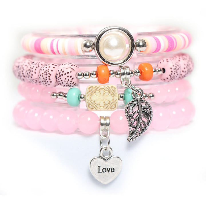 Set di braccialetti di perle con ciondolo a forma di cuore e foglia Olivenorma