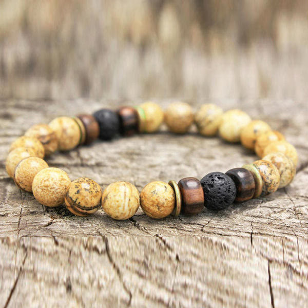 Olivenorma Bracciale da uomo in pietra naturale con perline di legno da 8 mm