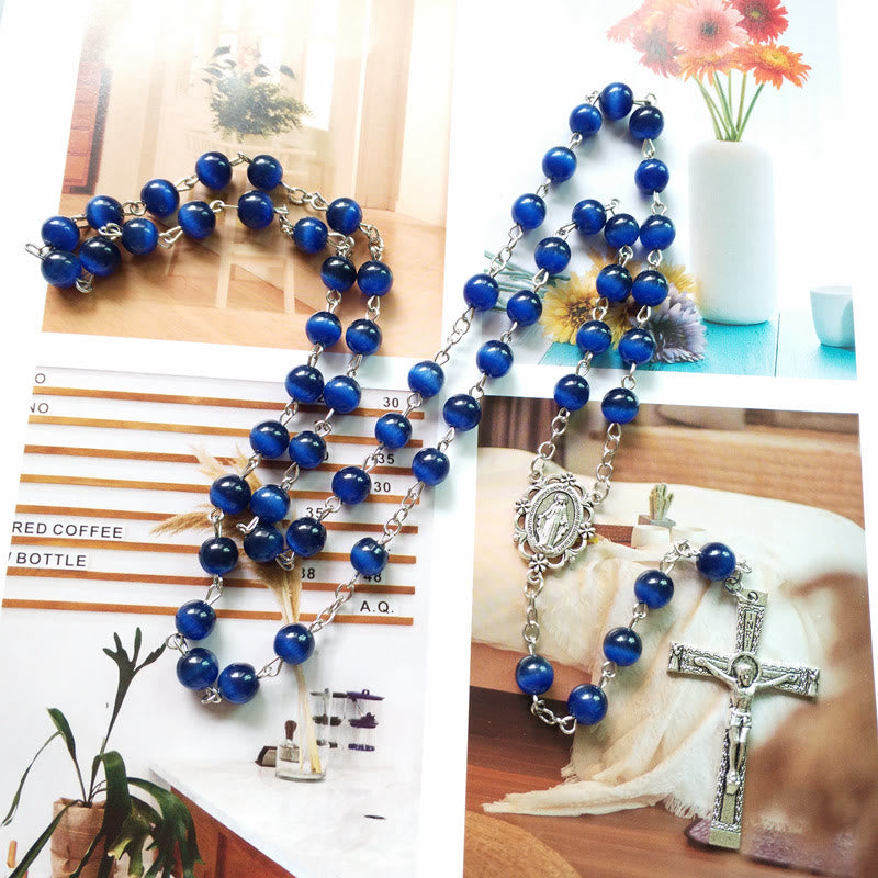 Collana rosario Olivenorma con croce in pietra blu occhio di gatto da 8 mm 