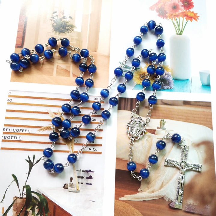 Collana rosario Olivenorma con croce in pietra blu occhio di gatto da 8 mm 