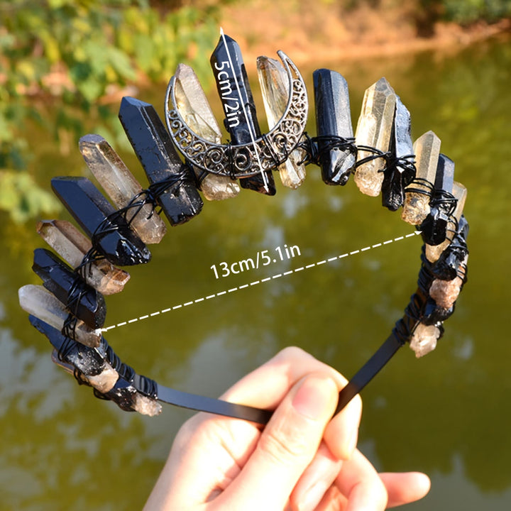 Cerchietto per capelli in quarzo ialino Olivenorma con corona di cristallo e luna in ossidiana