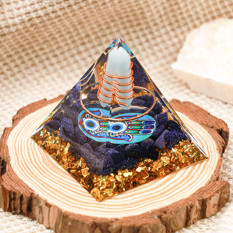 Olivenorma Pilastro Acquamarina Hamsa e Piramide Orgonica del Malocchio 