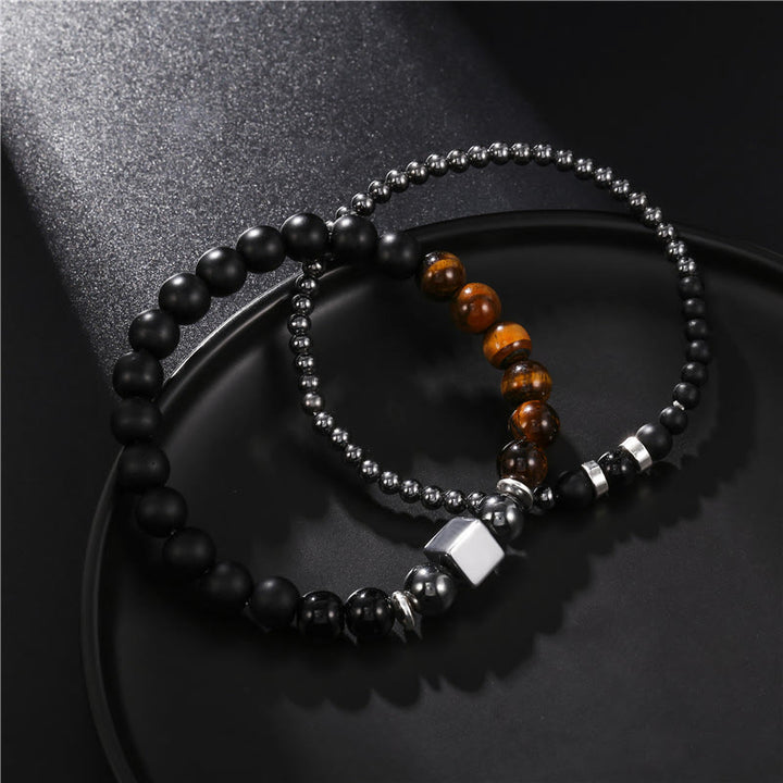 Olivenorma Set di bracciali elastici con cubo nero in occhio di tigre satinato