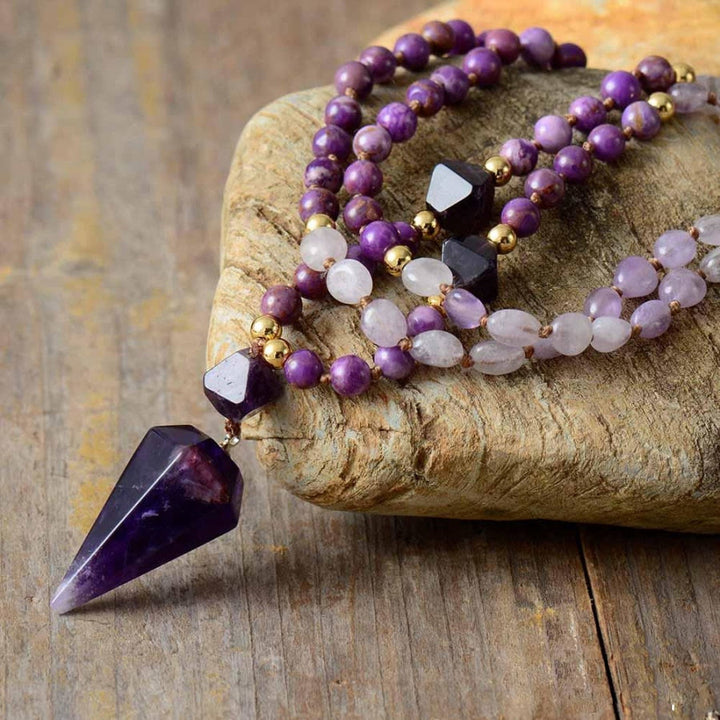 Collana Mala con perline di giada viola e ametista naturale Olivenorma