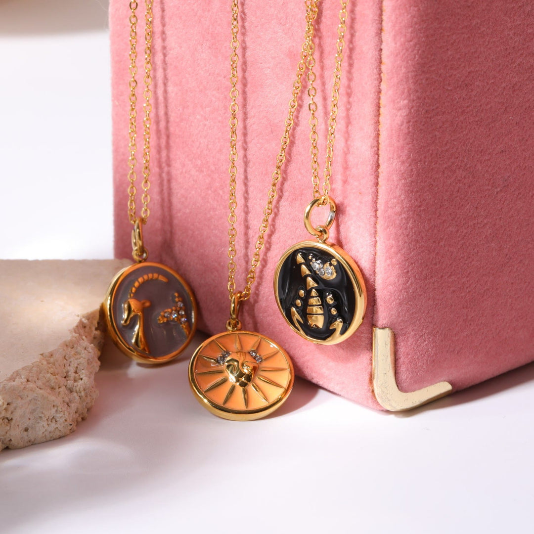 Collana Olivenorma in acciaio inossidabile 18k con zircone bianco e zodiaco vintage