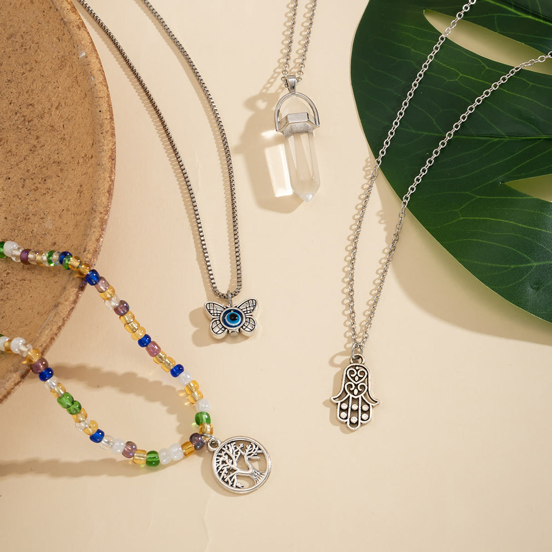 Olivenorma Set di collana con ciondolo Hamsa con albero della vita in quarzo naturale