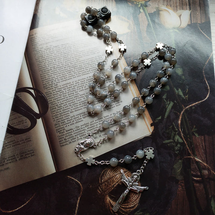 Collana rosario con croce di Gesù in argento e pietra di luna grigia Olivenorma 