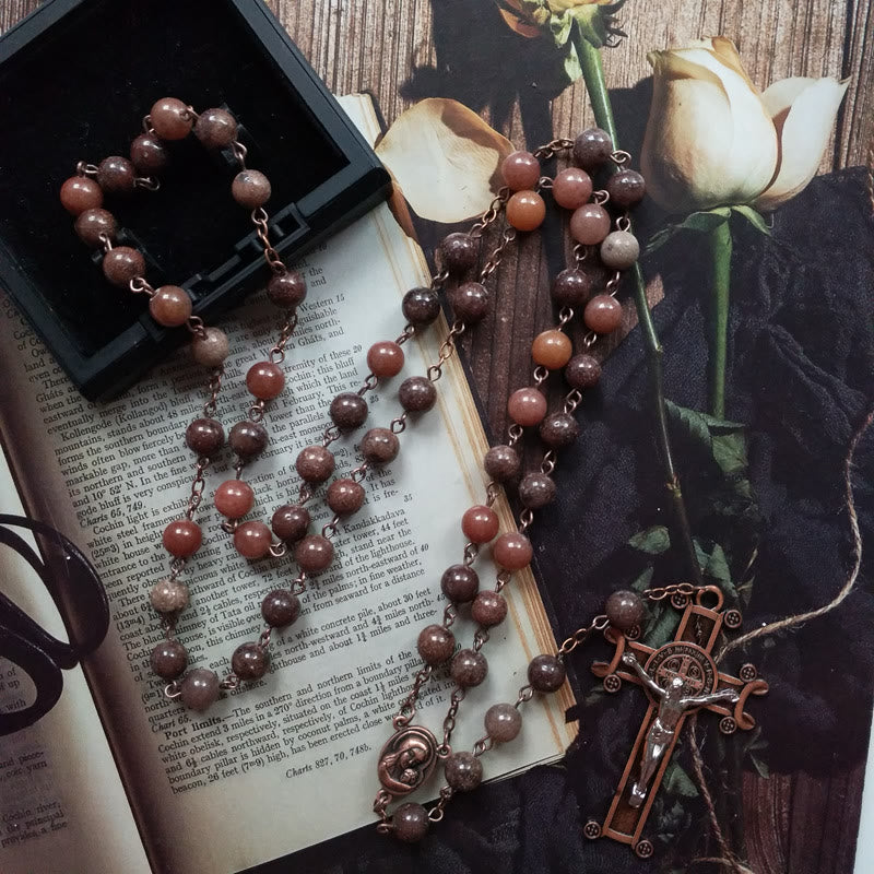 Collana rosario con ciondolo a croce in rame e avventurina viola Olivenorma