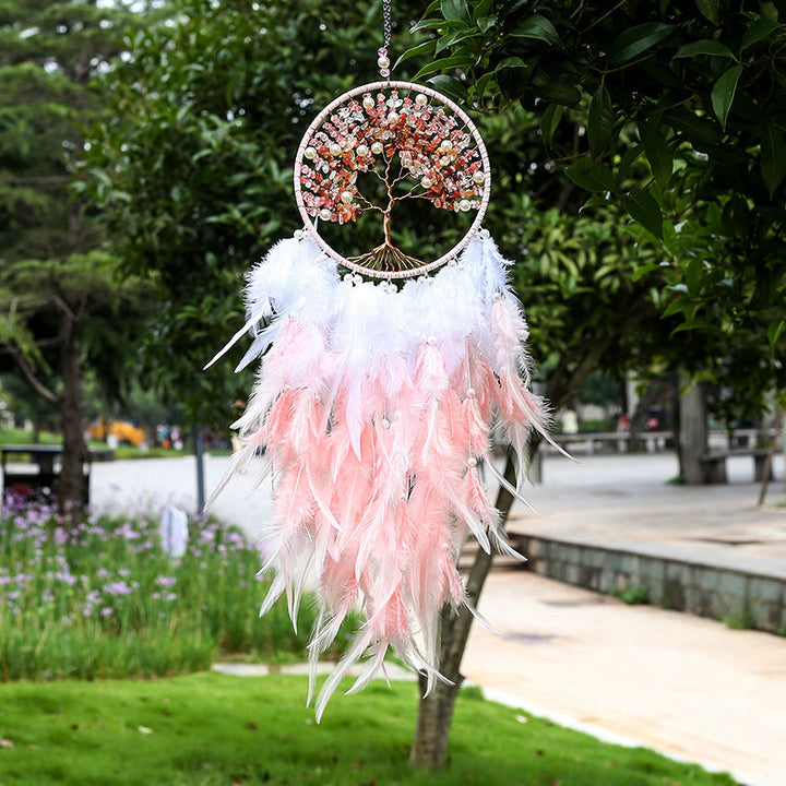 Olivenorma Crystal Tree of Life Acchiappasogni con piume rosa