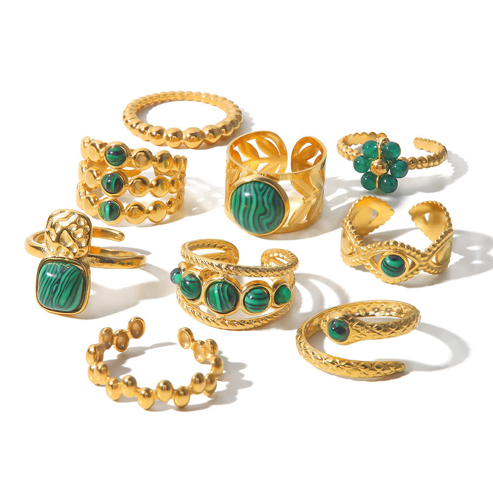 Olivenorma Anello aperto in malachite naturale verde oro