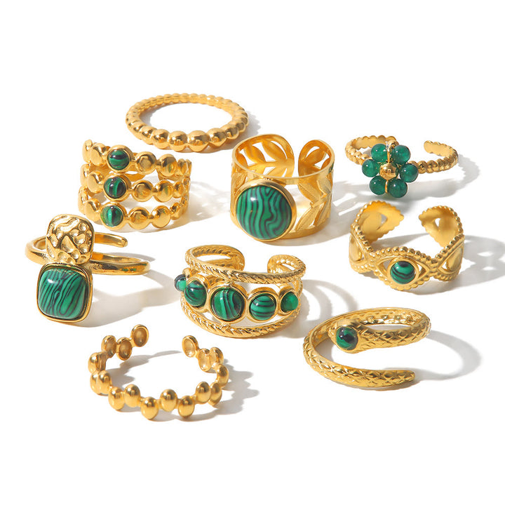 Olivenorma Anello aperto in malachite naturale verde oro