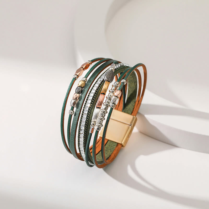 Bracciale in pelle a più livelli con foglia di zircone bianco ematite Olivenorma 