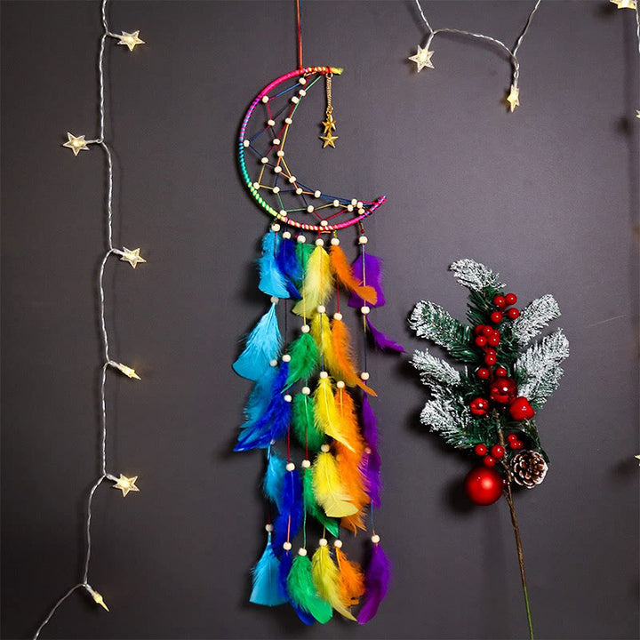 Olivenorma "Colorful Dream" - Acchiappasogni con piume colorate a forma di luna 