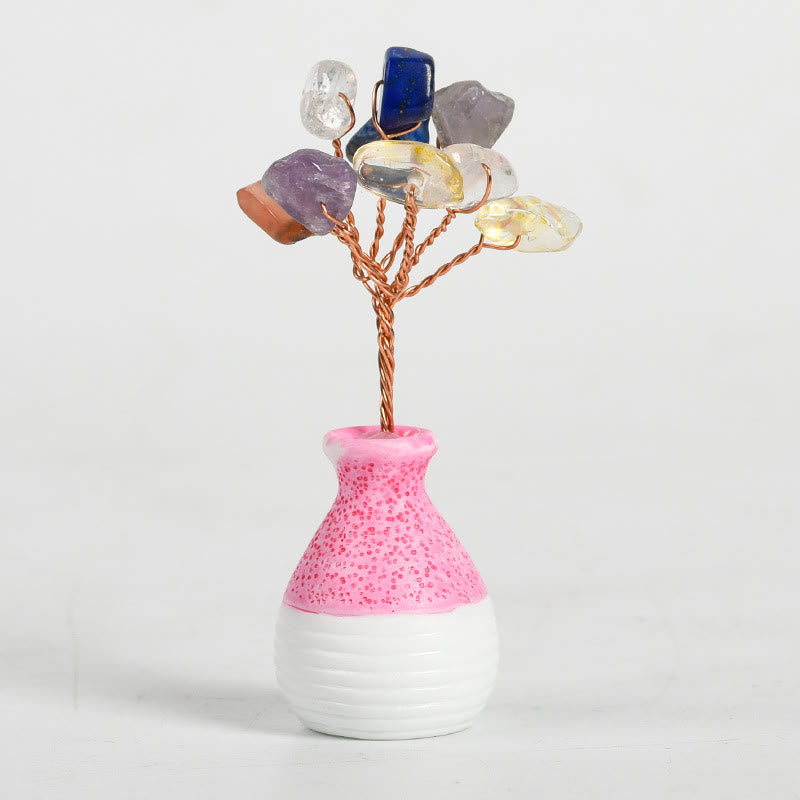 Decorazione in pietra preziosa con vaso rosa in cristallo Olivenorma Tree of Life