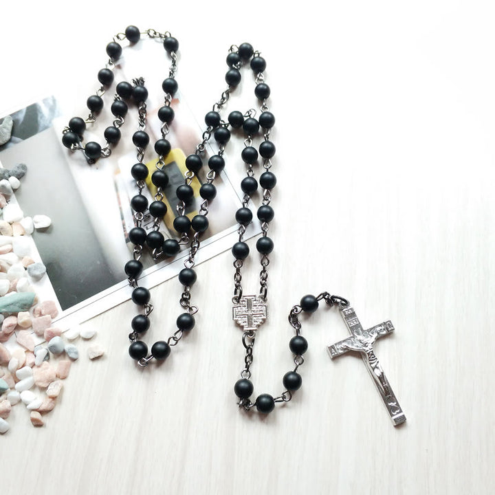 Collana rosario con croce in onice nero spazzolato Olivenorma