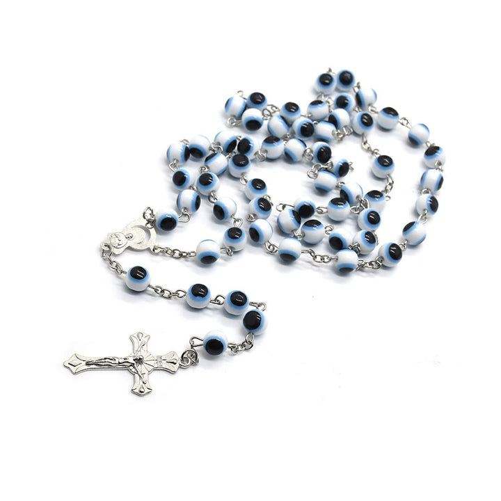 Collana rosario con ciondolo a croce con occhio maligno nero e bianco Olivenorma