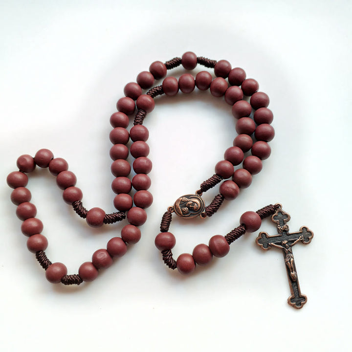 Olivenorma Collana Rosario Croce Perline Legno Rosso Marrone 10mm