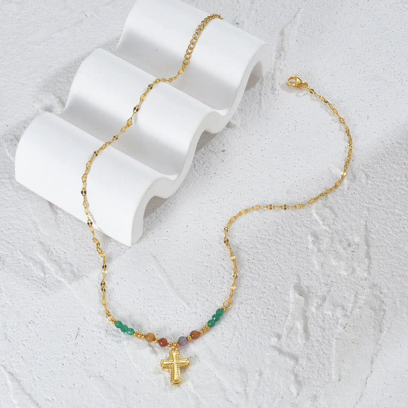 Collana con croce in acciaio inossidabile e perlina di cristallo Olivenorma 