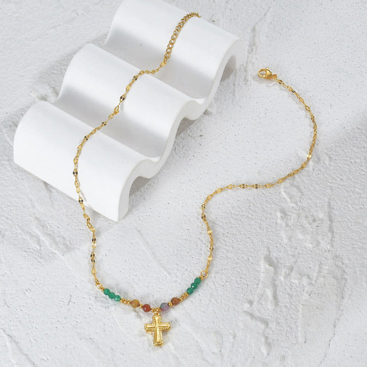 Collana con croce in acciaio inossidabile e perlina di cristallo Olivenorma 