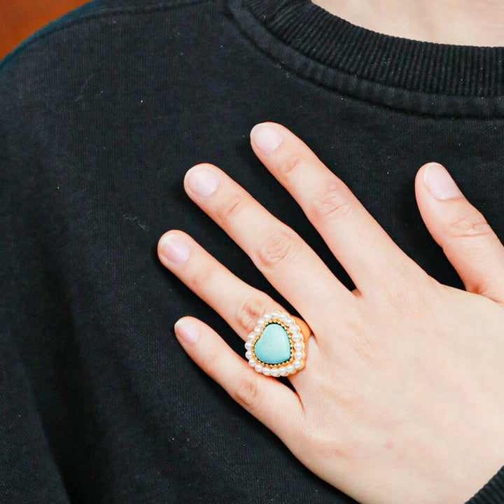 Anello regolabile a forma di cuore con perla turchese Olivenorma