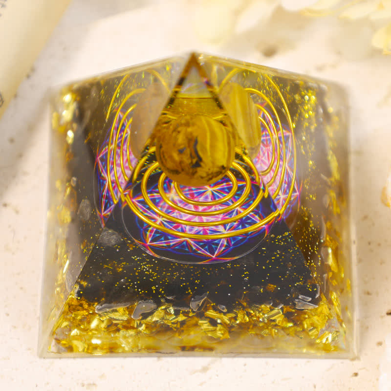 Sfera di Occhio di Tigre Olivenorma Cubo di Metatron Piramide Orgonica 