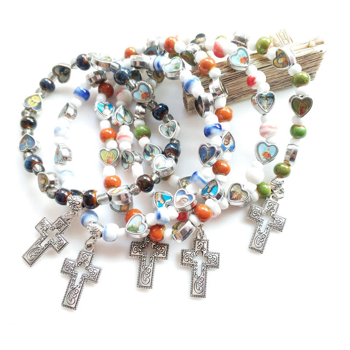 Olivenormacolorful Braccialetto con croce cristiana in pietra naturale 