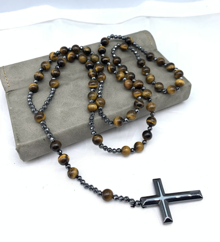 Collana rosario da uomo con croce in lapislazzuli e occhio di tigre Olivenorma