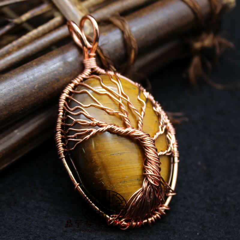 Collana con pietra preziosa ovale in occhio di tigre e albero della vita Olivenorma 