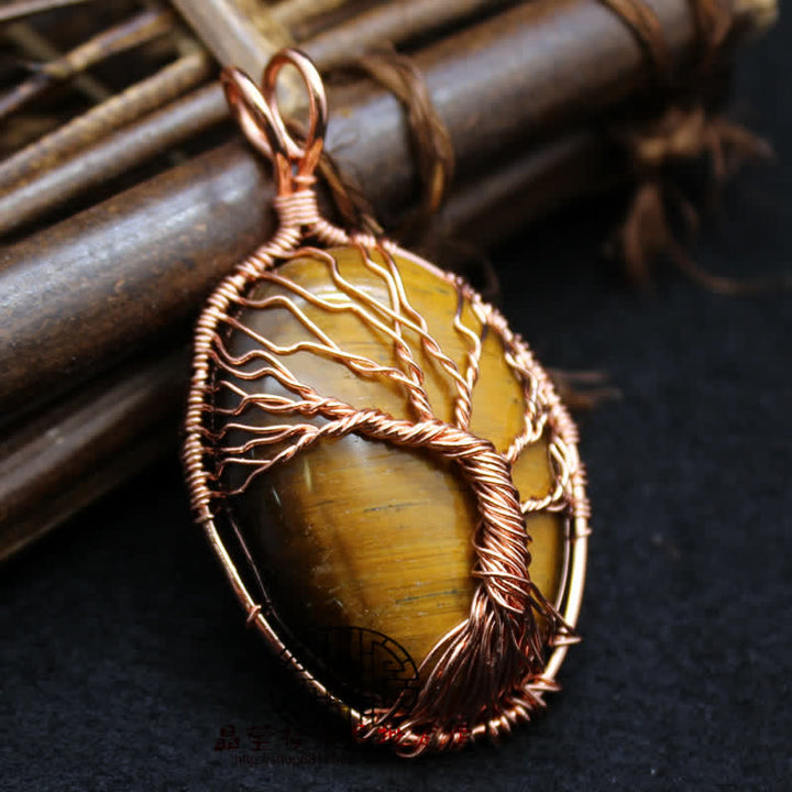 Collana con pietra preziosa ovale in occhio di tigre e albero della vita Olivenorma 
