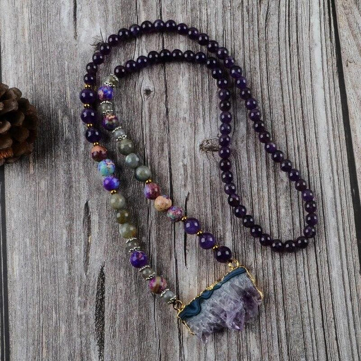 Collana di perline Mala in Labradorite imperatore, fluorite arcobaleno, ametista Olivenorma
