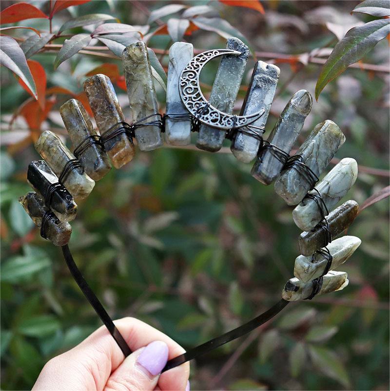 Olivenorma Natural Amazzonite Labradorite Accessorio per capelli Fascia per capelli Corona di cristallo 