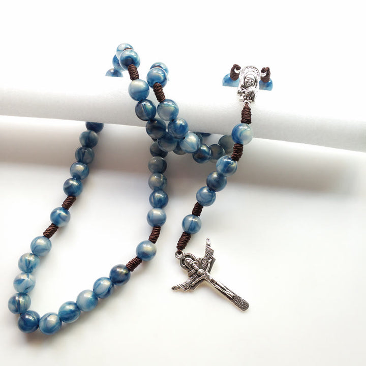 Collana rosario con croce di Gesù in pietra occhio di gatto blu Olivenorma