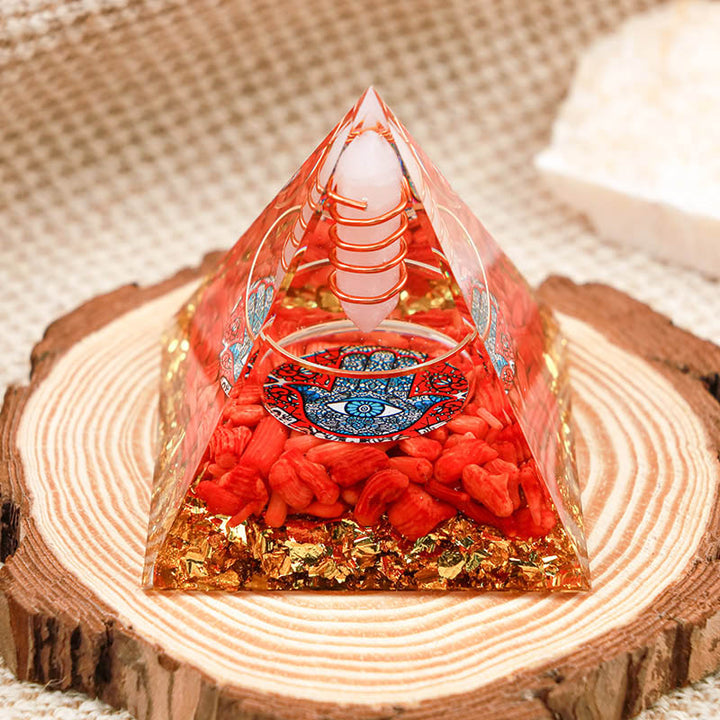 Olivenorma Opale con Corallo Rosso Hamsa Orgone Piramide 