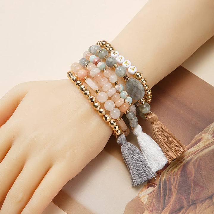 Olivenorma Set di 6 bracciali in cristallo naturale inciso