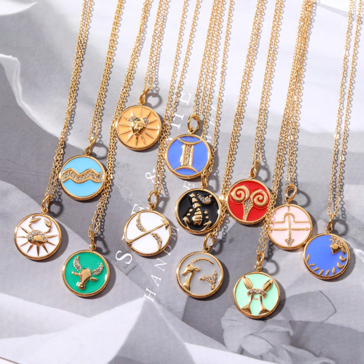 Collana Olivenorma in acciaio inossidabile 18k con zircone bianco e zodiaco vintage