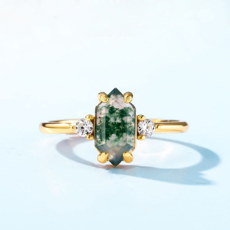 Anello regolabile Olivenorma S925 con agata muschiata esagonale e zircone bianco 