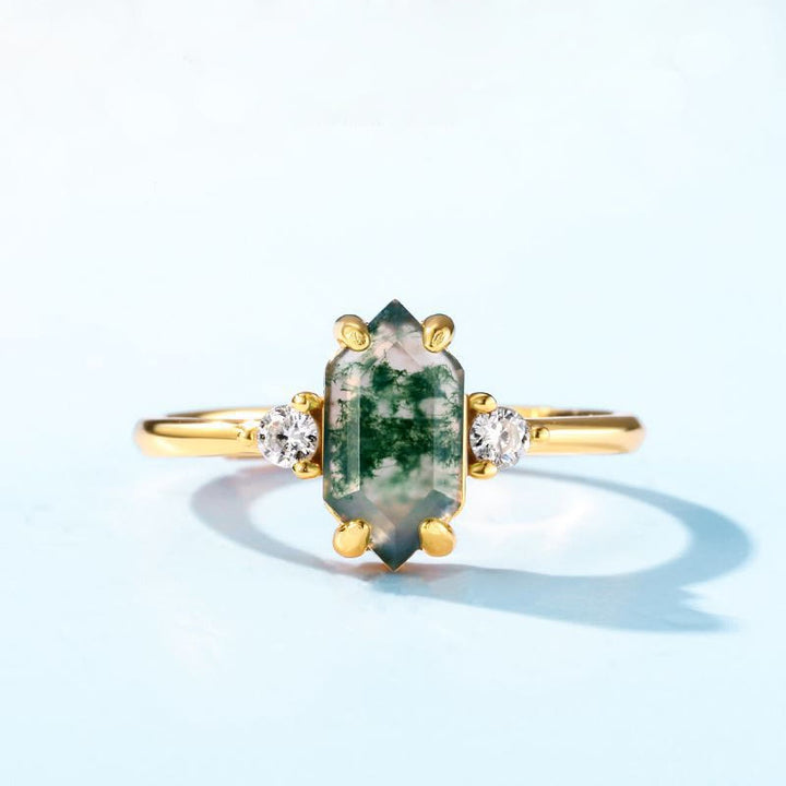 Anello regolabile Olivenorma S925 con agata muschiata esagonale e zircone bianco 