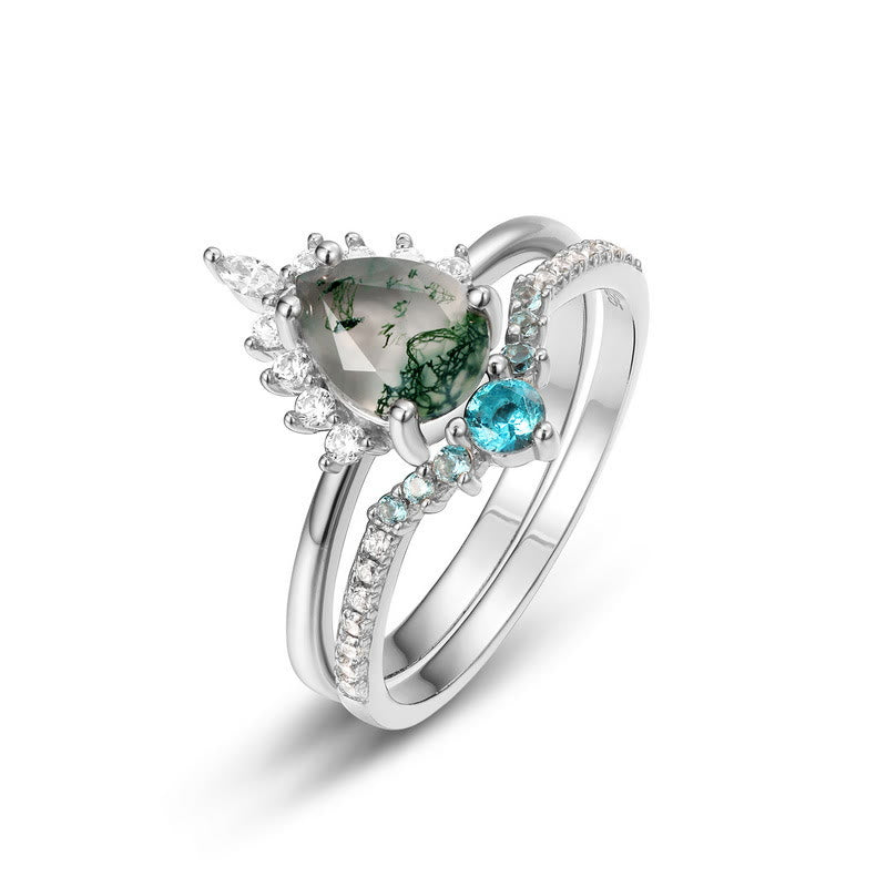 Anello in argento 925 con tormalina Paraiba e agata muschiata Olivenorma, 2 pezzi - Argento - Taglia IT 16 (US 8) - image 0