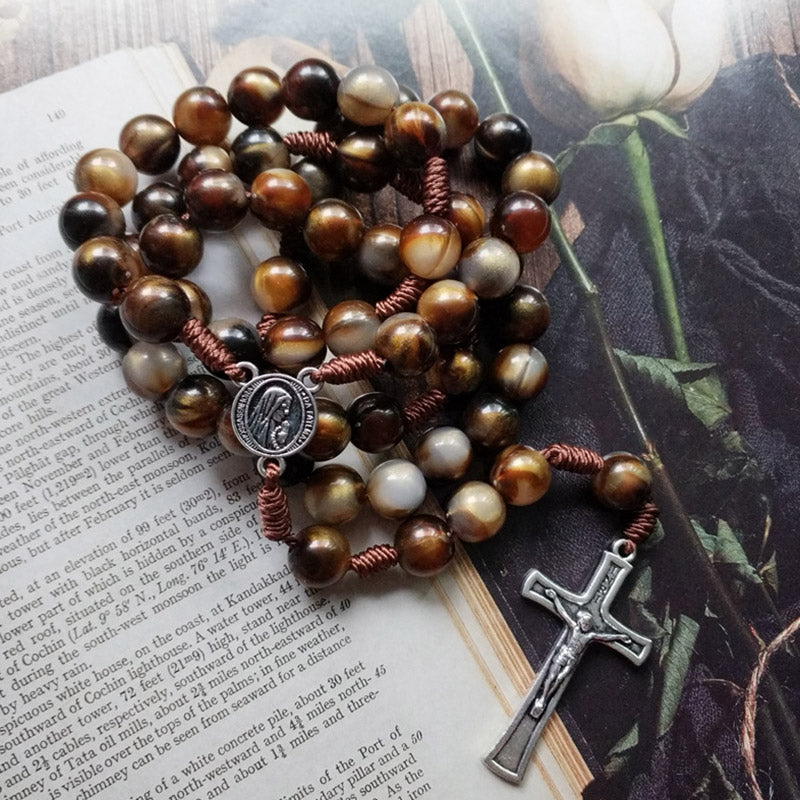 Olivenorma 10mm Agata Perline Gesù Croce Pendente Collana Rosario 
