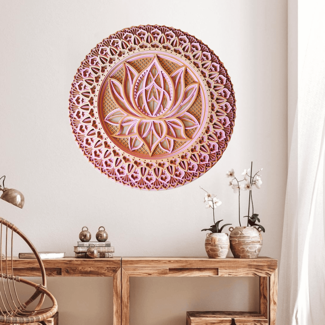 Olivenorma Decorazione murale con incisione 3D Mandala di loto rosa