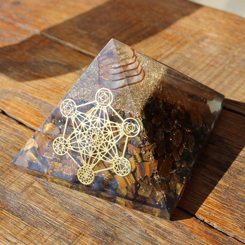 Colonna di cristallo trasparente Olivenorma con piramide di orgone occhio di tigre 