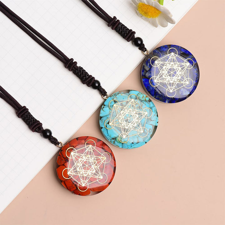 Collana con simbolo del cubo di Metatron in diaspro rosso, lapislazzuli e turchese Olivenorma 