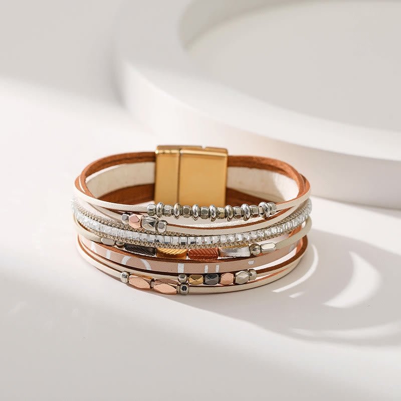 Bracciale in pelle a più livelli con foglia di zircone bianco ematite Olivenorma 