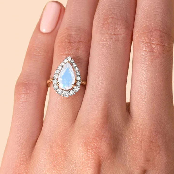 Anello Olivenorma Water Drop Moonstone Zircone bianco S925 in oro rosa 