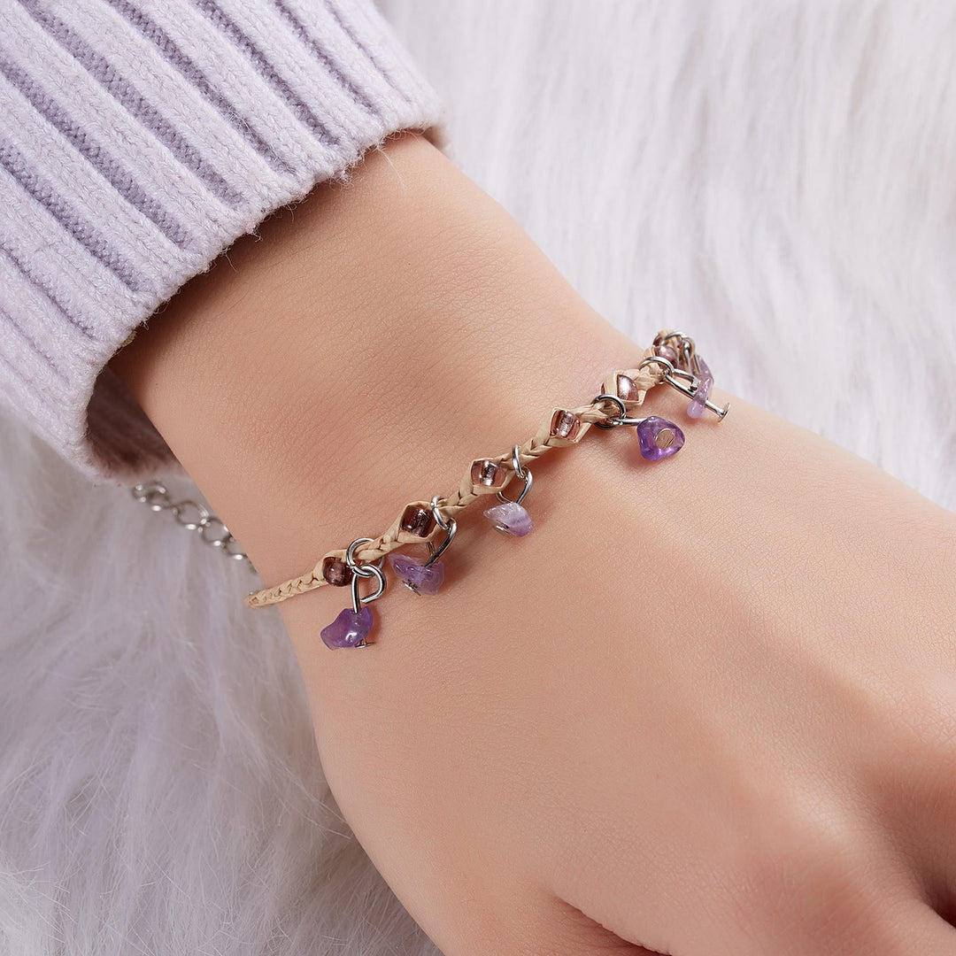 Bracciale intrecciato con ghiaia, nappa, ossidiana, occhio di tigre e ametista Olivenorma