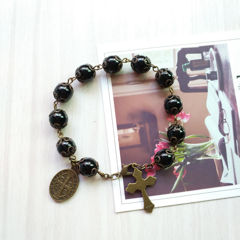 Olivenorma Ossidiana Medaglia Sacra Croce Pendente Rosario Bracciale 
