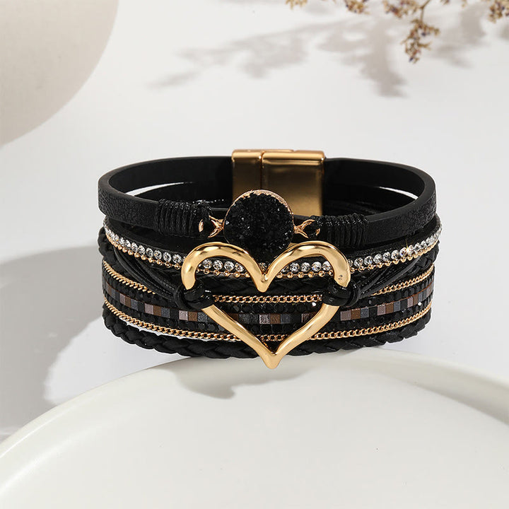 Olivenorma Bracciale in pelle intrecciata con cuore metallico e cristalli multicolori 
