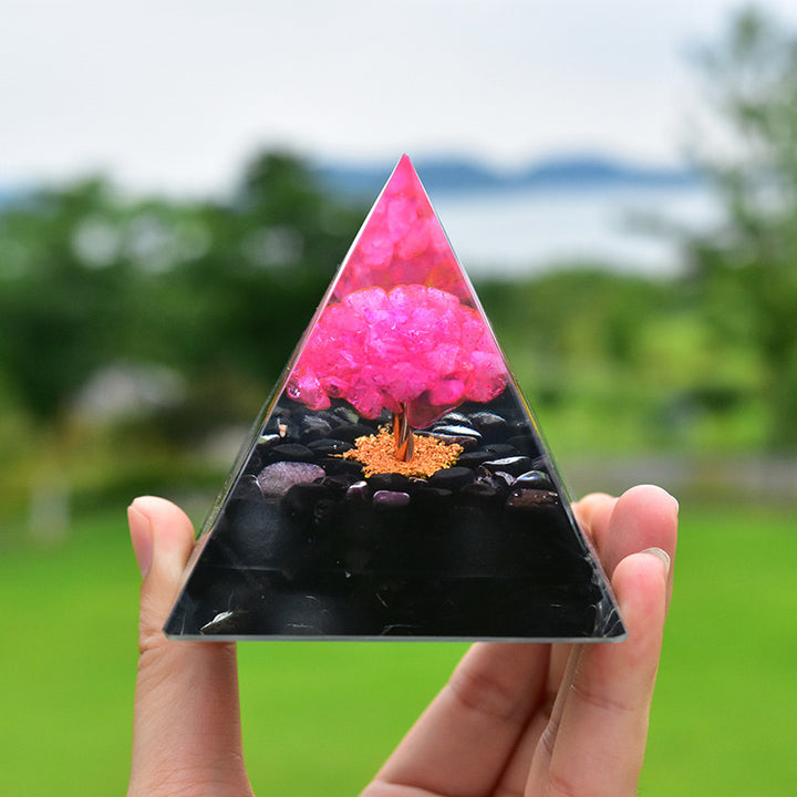 Piramide di orgone curativa in ossidiana Olivenorma con cristallo rosa