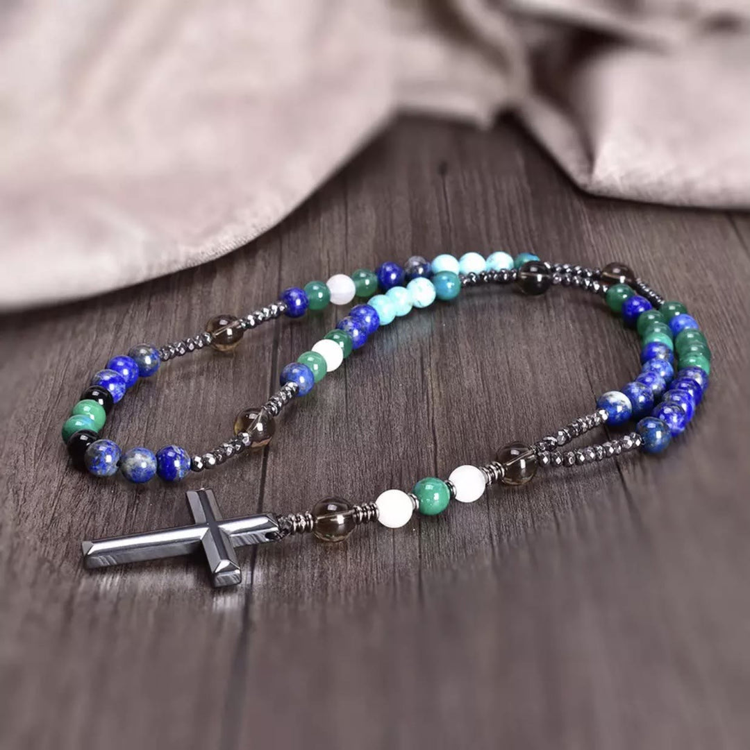 Collana con ciondolo rosario in pietra naturale cattolica Olivenorma Cross